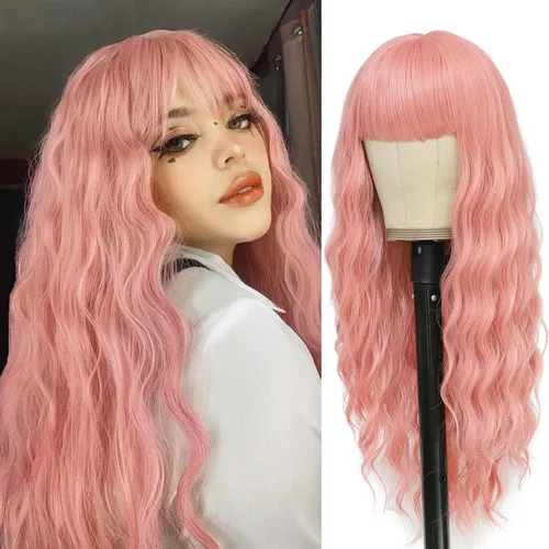 Vista 10 de VERNA - Peluca rubia con flequillo, peluca sintética de aspecto natural, rizada, ondulada de 26 pulgadas, resistente al calor, estilo de parte media
