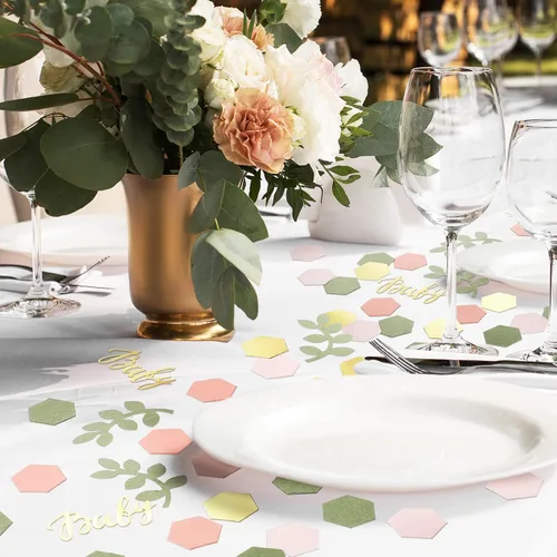 Vista 5 de 220 piezas de decoración de mesa de confeti para baby shower con eucalipto verde salvia dorado papel neutro de confeti disperso forma hexagonal