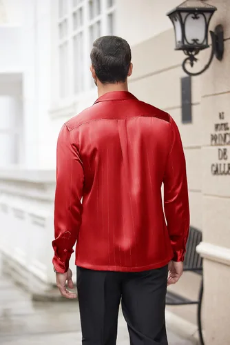 Vista 3 de COOFANDY Camisa de vestir de satén de lujo para hombre, de seda brillante, de manga larga, con botones, camisa de boda, fiesta, baile de graduación