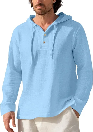 Vista 11 de Sudaderas con capucha de algodón y lino para hombre, manga larga, cuello en V, con botones, con capucha, protección solar, ligera, para la playa