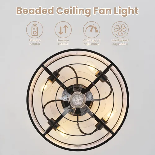 Vista 4 de Ventilador de techo bohemio de 20 pulgadas con luz, ventilador de techo enjaulado de perfil bajo, lámpara de tambor negro sin aspas con control
