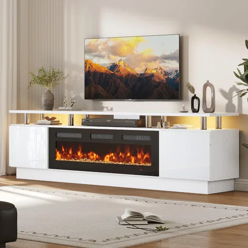 Vista 22 de oneinmil Soporte de TV con chimenea de 70 pulgadas para sala de estar, centro de entretenimiento con chimenea eléctrica con luces LED dobles