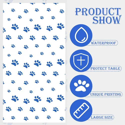 Vista 3 de Paquete de 2 manteles con estampado de patas de cachorro, 51 x 87 pulgadas, desechables, de plástico, para decoraciones de fiestas temáticas de Azul