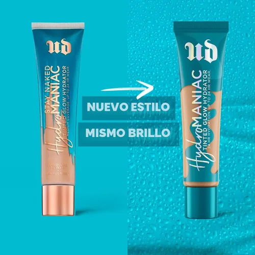 Vista 5 de Urban Decay Hydromaniac Dewy Foundation, Hidratante con color para piel seca, cobertura media construible, con filtrado de kombucha y aceite