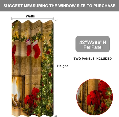 Vista 31 de Cortinas con adornos de Navidad impresos, cortinas para ventana de chimenea, calcetines de Navidad, árboles de Navidad, regalos, paneles opacos