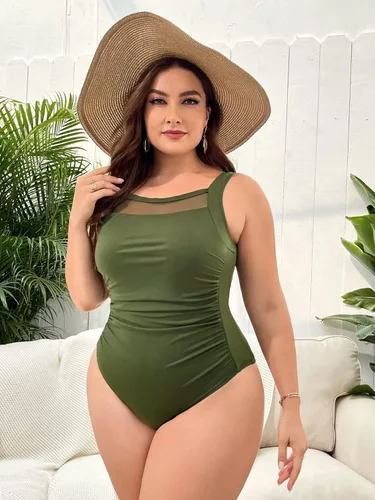 Vista 4 de WDIRARA Traje de baño de una pieza sin mangas Rucehd de malla de talla grande para mujer