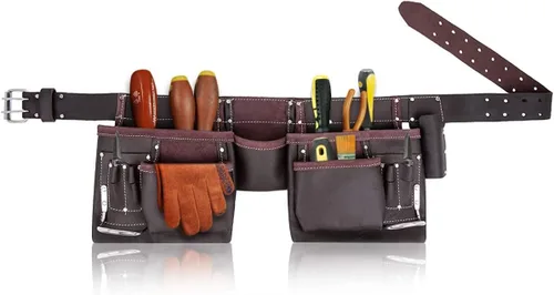 Vista 7 de Bolsa de cuero para cinturón de herramientas, cómodas bolsas de herramientas de apoyo para la espalda con tirantes para construcción, enmarcadores