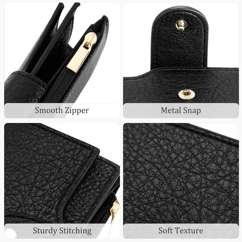 Vista 6 de Airkit Billetera pequeña plegable para mujer, con bloqueo RFID, tarjetero con cremallera, cartera de viaje con bolsillo para monedas, color negro