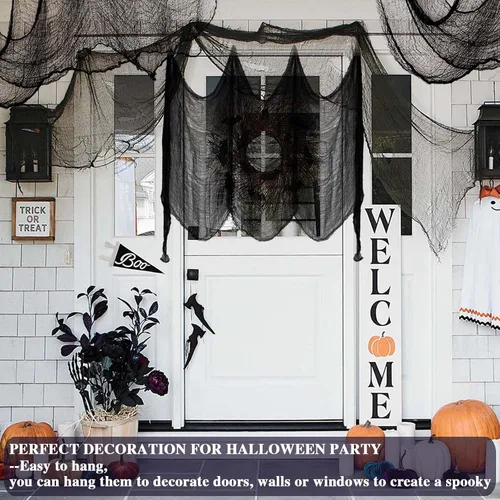 Vista 7 de ZeeDix Paquete de 6 paños espeluznantes negros de Halloween de 30 x 75 pulgadas, decoración de Halloween, tela de gasa espeluznante negra
