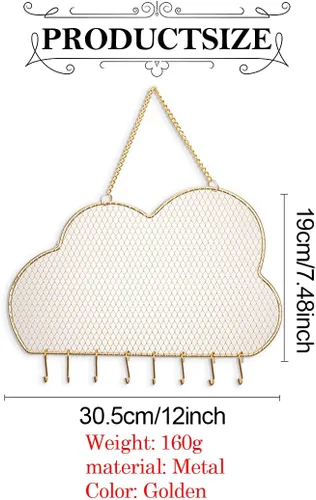 Vista 6 de Rolin Roly Organizador de pared para aretes, estante de joyería colgante con 8 ganchos en forma de nube para exhibir rejilla, pulsera dorada