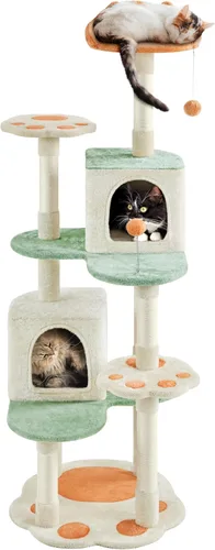 Vista 10 de Yaheetech Torre de árbol para gatos de 57.5 pulgadas, centro de actividades multifuncional con plataforma en forma de pata de gato, postes
