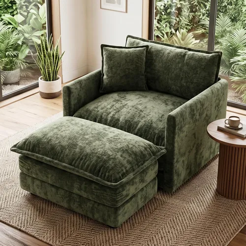 Vista 96 de Sofá individual modular de chenilla con otomana, sofá nube con almohada, color beige