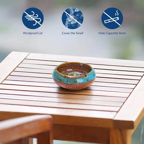 Vista 5 de RONXS Cenicero, cenicero para exteriores para patio con tapa, ceniceros resistentes al viento para cigarrillos, cenicero de cerámica hecho a mano