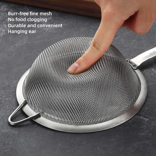 Vista 3 de Coladores de malla fina de acero inoxidable 304 de 3.35 pulgadas para cocina, colador con asa, tamices de metal para alimentos, arroz, aceite