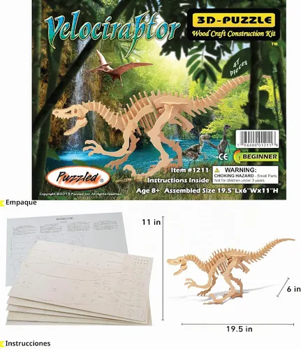 Vista 2 de Puzzled Rompecabezas 3D Velociraptor Dinosaurio Madera Kit de Construcción Divertido Único y Educativo DIY Juguete de Dino de Madera Montar
