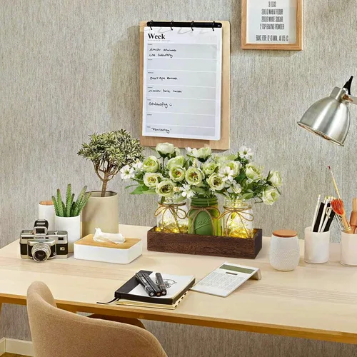 Vista 3 de 3 Piezas Centro de Mesa con Tarro de Conservas Decoraciones para Comedor, Mesa de Café de Granja con Bandeja de Madera y Luz LED, Centros de Mesa