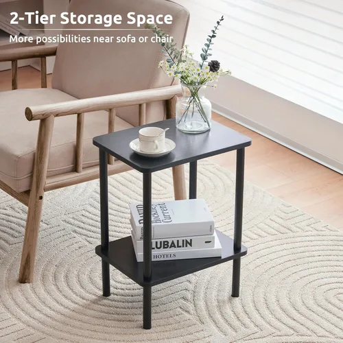 Vista 7 de Apicizon - Mesa auxiliar de 2 niveles, pequeña mesa auxiliar con patas de madera maciza, mesa de noche estilo boho con estante de almacenamiento