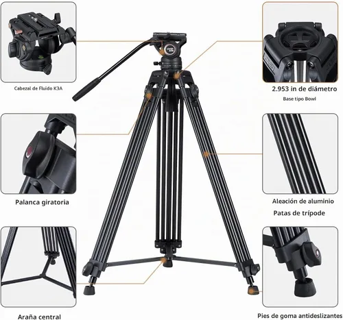 Vista 7 de Sistema de trípode de video Cayer BV30L, trípode de aluminio de doble tubo resistente de 72" con cabezal fluido K3, base plana de 75mm, carga máxima