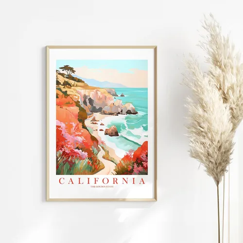 Vista 6 de ColorAndFlair California Travel Print Golden State Souvenir CA Nature Teal Orange Red Wall Art Coastal Landscape Retro Poster (8x10 inches)
