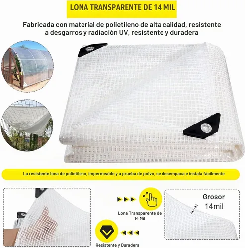 Vista 3 de Lona transparente para invernadero resistente de 14 Mil, cubierta impermeable transparente, lona de poliéster con ojales resistente a los rayos UV