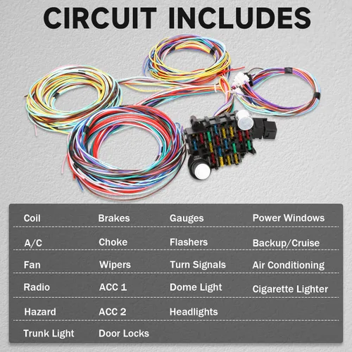 Vista 6 de Kit de arnés de cableado de 21 circuitos y 17 fusibles, arnés de cable universal extra largo para automóviles compatible con GM Chevy Mopar Hotrods