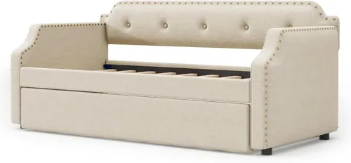 Vista 7 de Sofá cama tamaño individual con trundle, marco de sofá cama individual tapizado, sofá cama para dormitorio y sala de estar, beige