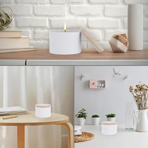 Vista 5 de 24 latas de velas blancas de 8 onzas con tapas de impresión de grano de madera de metal. Tarros de velas, latas de velas a granel para hacer velas