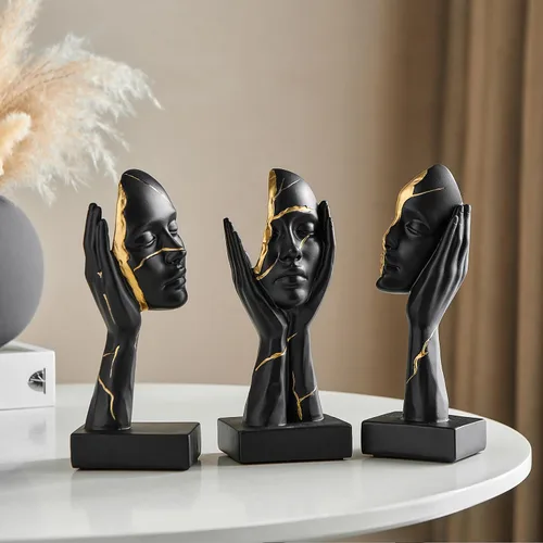 Vista 12 de 3 piezas de estatuas de oración de decoración negra, figuras modernas de oración de paz, detalles de decoración de estantes, escultura de arte