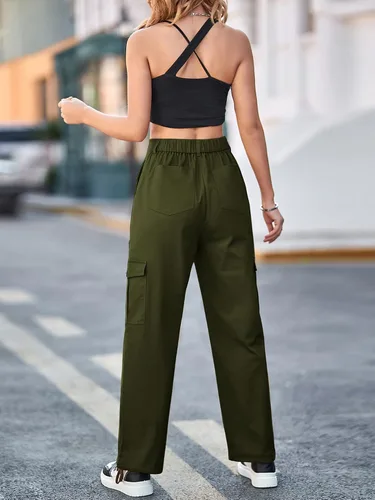 Vista 6 de Ailsi Pantalones tácticos de cintura alta para mujer, estilo casual, estilo cargo, holgados, con bolsillos