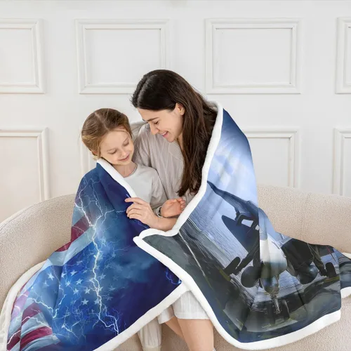 Vista 5 de Homewish Manta de avión 3D, mantas de bandera estadounidense para niños y adolescentes, manta de vellón con relámpagos brillantes y modernos, manta