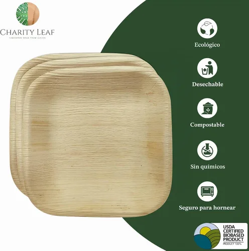 Vista 2 de Platos cuadrados desechables de hoja de palma Charity Leaf de 6" (15 cm) (50 piezas) Platos de servir tipo bambú, tablas desechables, vajilla
