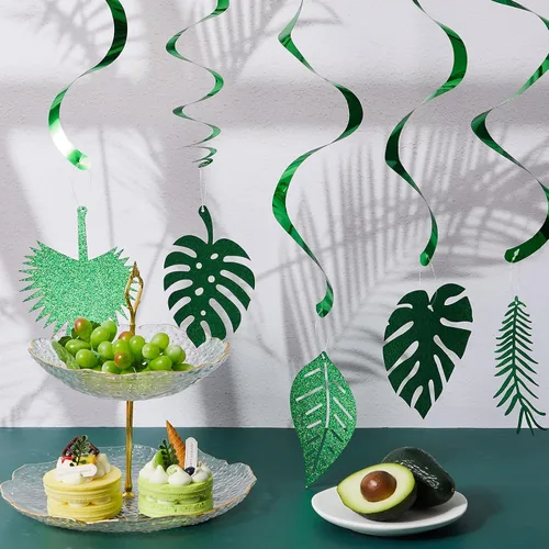 Vista 6 de 32 piezas hawaianas Luau para fiesta, hojas de palmera, remolinos, decoración colgante de techo, decoración verde, fiesta tropical para verano, baby
