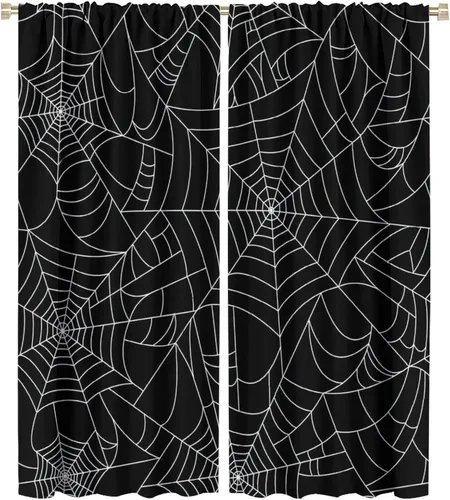Vista 89 de Cortinas opacas de tela de araña aterradora para niños, tela de araña en blanco y negro, fondo rojo, dormitorio de niños, guardería, decoración