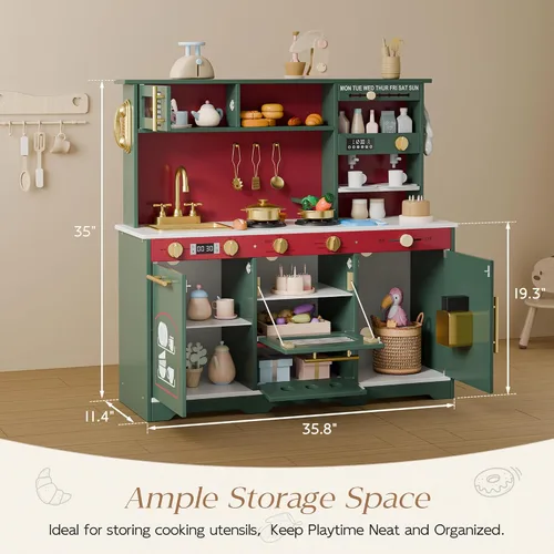 Vista 2 de Juego de cocina para niños, con 21 accesorios divertidos, cocina de juguete con electrodomésticos realistas, almacenamiento inteligente, cocina
