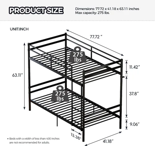 Vista 2 de Bellemave Convertible Twin Over Twin Metal Bunk Bed Frame, Heavy Duty Bunk Bed with Guardrails & Ladder for Kids Teens Adults, Black