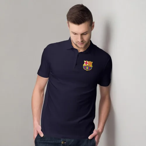 Vista 6 de Icon Sports Officially Licensed Barcelona Embroidered Barça Crest Athletic Fit Short Sleeve Navy Shirt