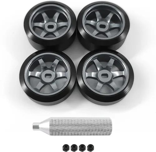Vista 11 de Llantas de rueda de 6 radios y neumáticos de deriva de coche RC para 1/28 RC Hobby modelo, [2 estrechos+2 anchos] 4 llantas de aleación de aluminio