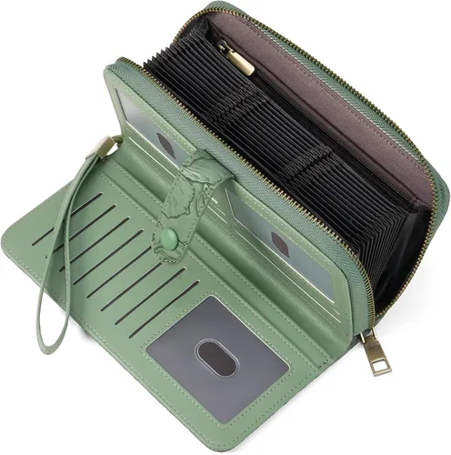 Vista 12 de SENDEFN Cartera de piel con cierre RFID para mujer, con cierre de cremallera, de gran capacidad, con correa para la muñeca, Marrón, Classic