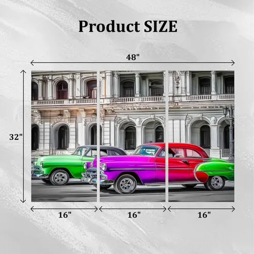 Vista 5 de 3 paneles de lienzo para pared, diseño de autos vintage convertibles americanos, La Habana, Cuba, impresión en lienzo, obras de arte para oficina