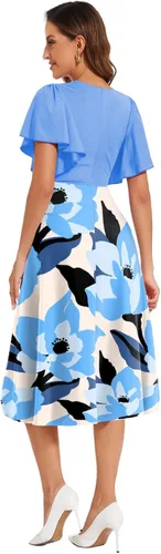 Vista 2 de shengfan Vestido largo de verano de manga corta para mujer, estilo casual, cuello en V profundo, vestido largo acampanado para fiesta de club