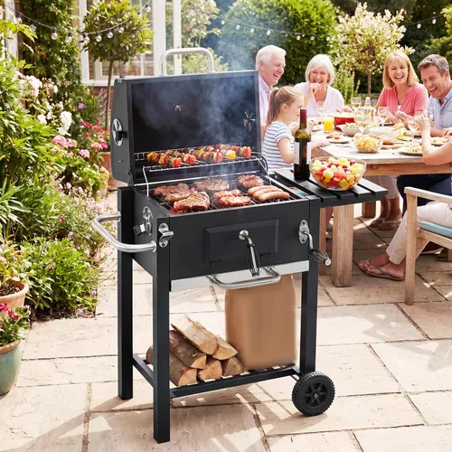 Vista 7 de Giantex Parrilla de carbón con estante lateral plegable, parrilla de barbacoa al aire libre con bandeja de carbón ajustable, termómetro, estantes