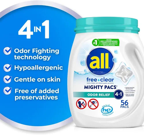 Vista 2 de All Mighty Pacs Detergente para Ropa Libre y Transparente Alivio de Olores, Envase, 56