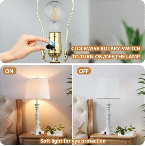 Vista 4 de Juego de 2 lámparas de mesa de granja de 27.5 pulgadas, lámparas rústicas de dormitorio para mesita de noche con carga USB doble, lámparas