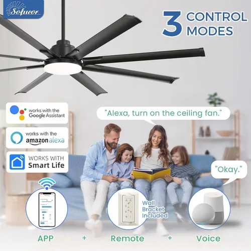 Vista 2 de Sofucor - Ventilador de techo inteligente de 84 pulgadas con luz, ventilador de techo negro para exteriores con 8 aspas de aluminio, funciona