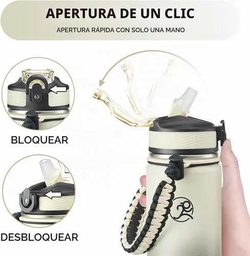 Vista 5 de GOSWAG - Botella de agua de viaje de acero inoxidable aislada de 24 onzas, 2 tapas with straw and no straw, Paracord handle, Double-wall vacuum