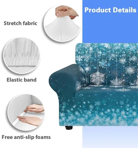 Vista 6 de Boatee Fundas de sofá de 1 pieza con diseño de copo de nieve azul, fundas elásticas para sofá, 1 cojín, protección de muebles, decoración para sala