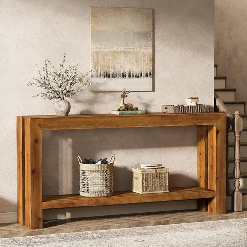 Vista 4 de Mesa consola de entrada de madera maciza de 63 pulgadas, mesa de sofá estrecha de granja detrás del sofá con almacenamiento de 2 niveles