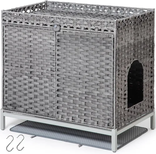 Vista 10 de SETVSON Caja de Arena para Gatos para 2 Gatos, Mueble Oculto de Caja de Arena con Alfombra, Casa Grande de Ratán para Gatos con Habitación Doble