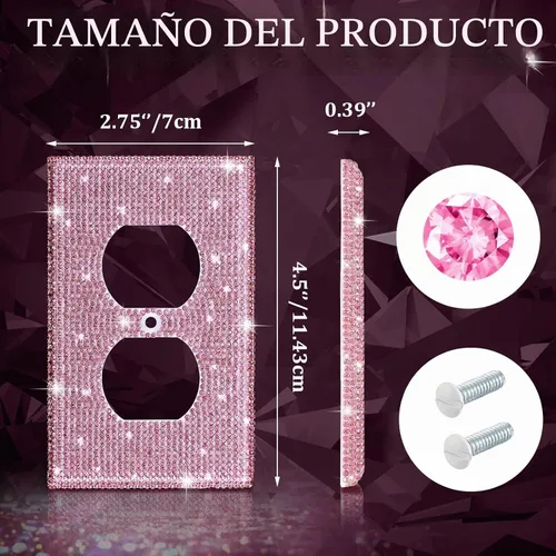 Vista 2 de 4 piezas de cubiertas de placa de interruptor con purpurina rosa con diamantes de imitación para placa de pared, decoración de habitación preparada