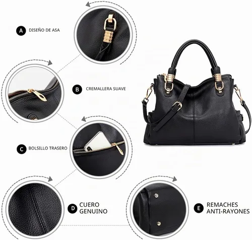 Vista 6 de Bolsos Kattee para mujer de piel genuina suave, tipo bandolera, con asa superior, bolso de hombro Negro